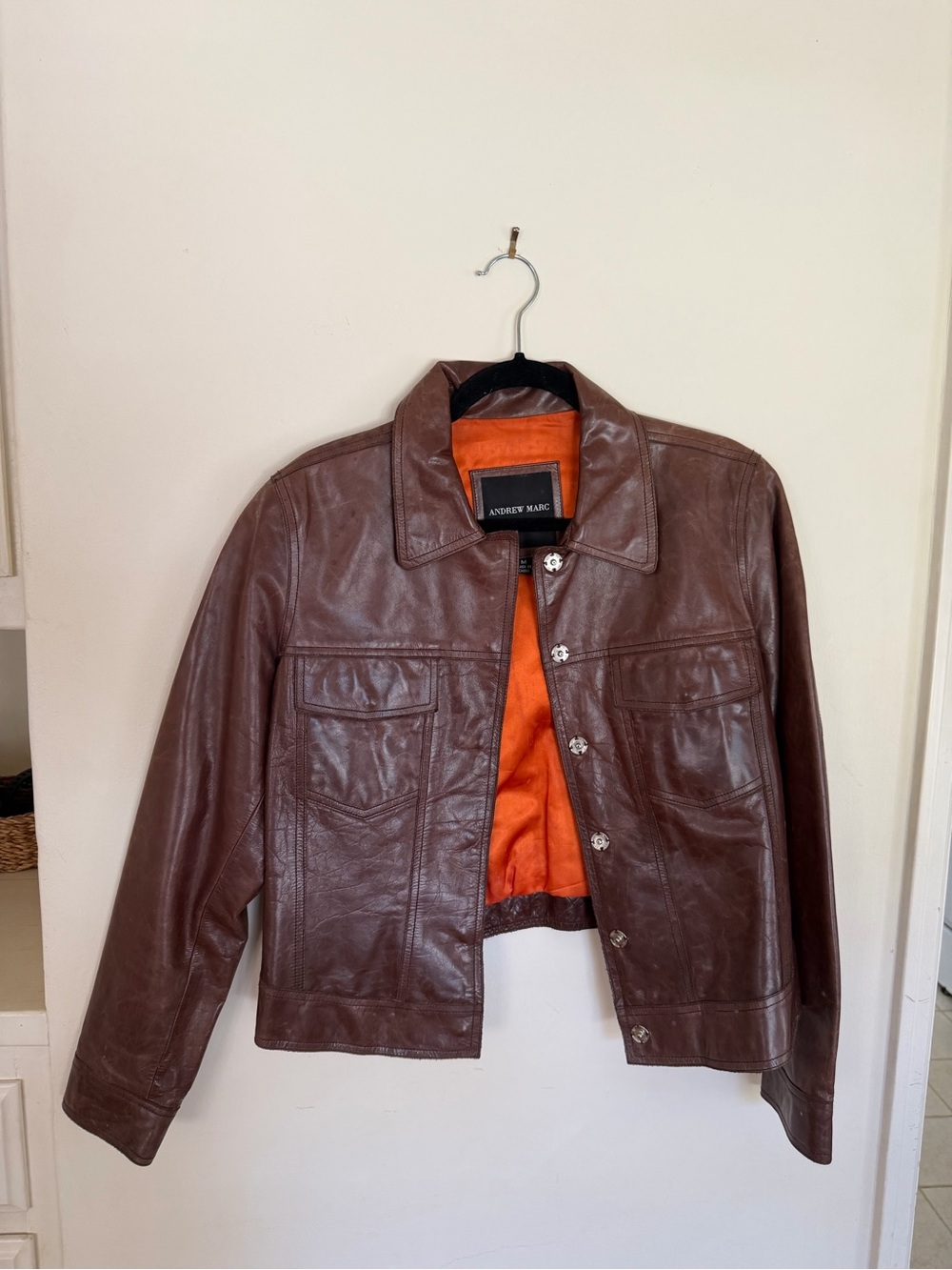Women’s Andrew Marc Brown Leather Jacket with Orange Lining